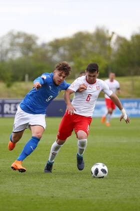 4th May, St Georges Park, Burton-on-Trent, England; UEFA Under 17 European Championships, Italy U17s versus Switzerland U17s; Edoardo Vergani of Italy goes past Drilon Kastrati of Switzerland  ActionPlus12019485