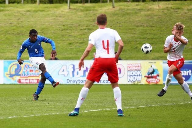 4th May, St Georges Park, Burton-on-Trent, England; UEFA Under 17 European Championships, Italy U17s versus Switzerland U17s; Manu Emmanuel Gyabuaa of Italy fires a shot past Becir Omeragic of Switzerland  ActionPlus12019487