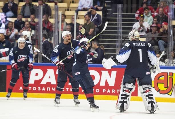 USA celebrates their victory in overtime during the IIHF World Championship WM Weltmeisterschaft Group B match between USA and Canada in Jyske Bank Boxen in Herning, Denmark, Friday, May 4, 2018.. , Herning Jylland Denmark  Copyright: HenningxBagger HenningxBaggerx COP105 spdk20180504-185907-L