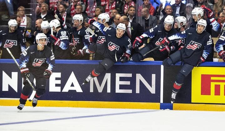 USA celebrates their victory in overtime during the IIHF World Championship WM Weltmeisterschaft Group B match between USA and Canada in Jyske Bank Boxen in Herning, Denmark, Friday, May 4, 2018.. , Herning Jylland Denmark  Copyright: HenningxBagger HenningxBaggerx COP105 spdk20180504-190132-L