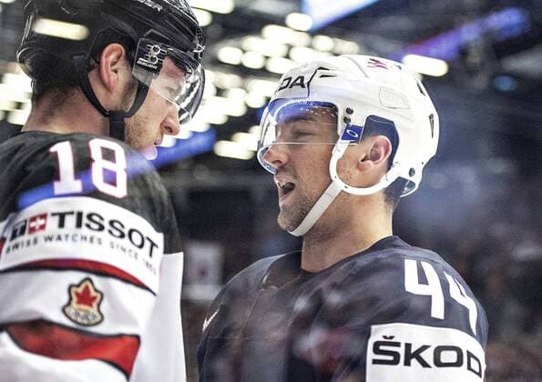 Neal Pionk, USA argues with Pierre-Luc Dubois, Canada during the IIHF World Championship WM Weltmeisterschaft Group B match between USA and Canada in Jyske Bank Boxen in Herning, Denmark, Friday, May 4, 2018.. , Herning Jylland Denmark  Copyright: HenningxBagger HenningxBaggerx COP105 spdk20180504-190520-L