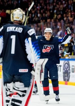 180504 Johnny Gaudreau or USA celebrates with teammate and goaltender Keith Kinkaid after the IIHF Ice Hockey World Championship match between USA and Canada on May 4, 2018 in Herning Photo Vegard Wivestad Gray BILDBYR N Code VG 170149  Copyright: VEGARDxWIVESTADxGR¯TT BB180504BB212