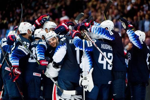 180504 Alex DeBrincat or USA celebrates with teammates after the IIHF Ice Hockey World Championship match between USA and Canada on May 4, 2018 in Herning Photo Vegard Wivestad Gray PICTURE BODY N Code VG 170149  Copyright: VEGARDxWIVESTADxGR¯TT BB180504BB215