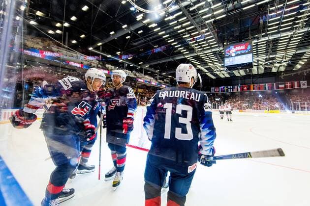 180504 Johnny Gaudreau or USA celebrates with teammates after scoring 3 2 during the IIHF Ice Hockey World Championship match between USA and Canada on May 4, 2018 in Herning Photo Vegard Wivestad Gray BILDBYR N Code VG 170149  Copyright: VEGARDxWIVESTADxGR¯TT BB180504BB217