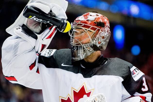 180504 Goalkeeper Darcy Kuemper or Canada during the IIHF Ice Hockey World Championship match between USA and Canada on May 4, 2018 in Herning Photo Vegard Wivestad Gray BILDBYR N Code VG 170149  Copyright: VEGARDxWIVESTADxGR¯TT BB180504BB218