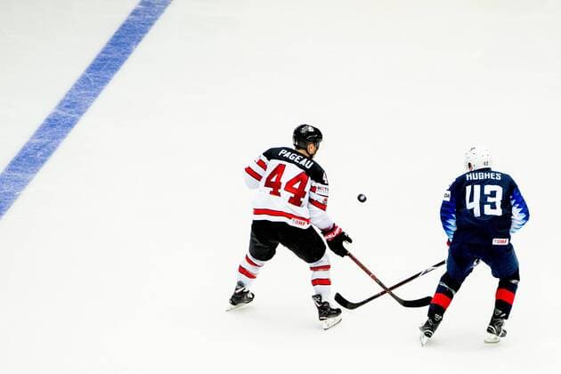 180504 Jean Gabriel Pageau of Canada and Quinn Hughes of USA during the IIHF Ice Hockey World Championship match between USA and Canada on May 4, 2018 in Herning Photo Vegard Wivestad Gray BILDBYR N Code VG 170149  Copyright: VEGARDxWIVESTADxGR¯TT BB180504BB221