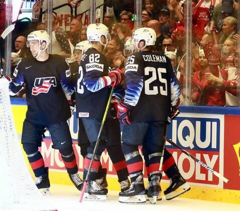 Eishockey WM, Kanada - USA 4th May 2018, Jyske Bank Boxen, Herning, Denmark; IIHF Ice hockey Eishockey World Championships, Group B, USA versus Canada; The US team celebrate after their third goal  ActionPlus12019561