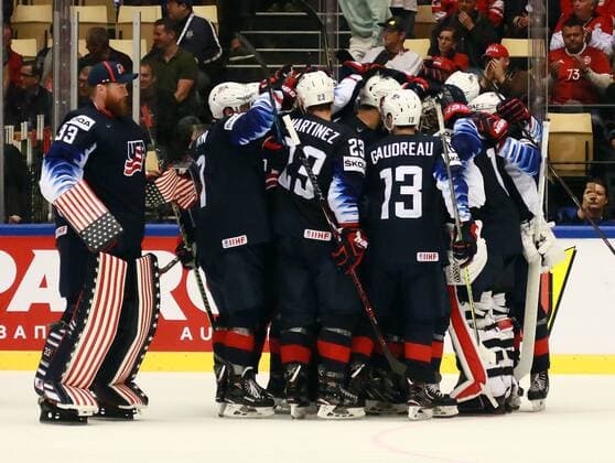 Eishockey WM, Kanada - USA 4th May 2018, Jyske Bank Boxen, Herning, Denmark; IIHF Ice hockey Eishockey World Championships, Group B, USA versus Canada; Celebrations from the winning team of USA  ActionPlus12019567