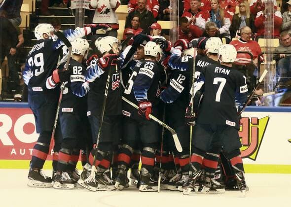 4th May 2018, Jyske Bank Boxen, Herning, Denmark; IIHF Ice hockey Eishockey World Championships, Group B, USA versus Canada; Celebrations from the winning team of USA  ActionPlus12019568
