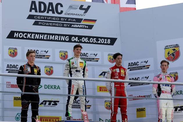 The podium with Liam Lawson NEZ Van Amersfoort Racing Lirim Zendeli US Racing CHRS Oliver Caldwell GB Prema Powerteam and David Schumacher GER US Racing CHRS at the Formula 4 Championship at the DTM round at the Hockenheimring Copyright Thomas Pakusch