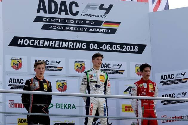 The podium with Liam Lawson NEZ Van Amersfoort Racing Lirim Zendeli US Racing CHRS and Oliver Caldwell GB Prema Powerteam at the Formula 4 Championship at the DTM race at the Hockenheimring Copyright Thomas Pakusch