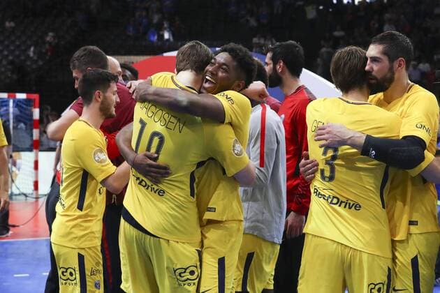 Joie Benoit Kounkoud (PSG) et Sander Sagosen (PSG) Nikola Karabatic (PSG) et Uwe Gensheimer (PSG) HANDBALL : Nimes vs Paris Saint Germain - Finale Coupe de France Hommes - 05 05 2018 GwendolineLeGoff Panoramic 