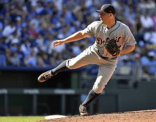 May 5, 2018 - Kansas City, MO, USA - Detroit Tigers starting pitcher Jordan Zimmermann throws in the fifth inning against the Kansas City Royals on Saturday, May 5, 2018, at Kauffman Stadium in Kansas City, Mo. Detroit at Kansas City - ZUMAm67_ 20180505_zaf_m67_031 Copyright: xJohnxSleezerx