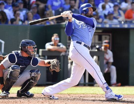May 5, 2018 - Kansas City, MO, USA - The Kansas City Royals Lucas Duda follows through on a double in the fourth inning against the Detroit Tigers on Saturday, May 5, 2018, at Kauffman Stadium in Kansas City, Mo. Detroit at Kansas City - ZUMAm67_ 20180505_zaf_m67_032 Copyright: xJohnxSleezerx