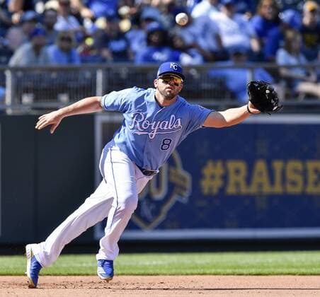 May 5, 2018 - Kansas City, MO, USA - Kansas City Royals third baseman Mike Moustakas couldn t reach a single by the Detroit Tigers James McCann in the fourth inning on Saturday, May 5, 2018, at Kauffman Stadium in Kansas City, Mo. Detroit at Kansas City - ZUMAm67_ 20180505_zaf_m67_036 Copyright: xJohnxSleezerx