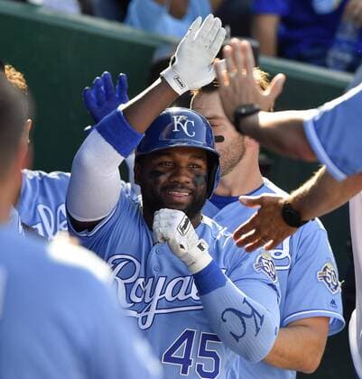May 5, 2018 - Kansas City, MO, USA - The Kansas City Royals Abraham Almonte is congratulated in the dugout after his solo home run in the sixth inning against the Detroit Tigers on Saturday, May 5, 2018, at Kauffman Stadium in Kansas City, Mo. Detroit at Kansas City - ZUMAm67_ 20180505_zaf_m67_045 Copyright: xJohnxSleezerx