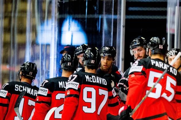 180506 Jaden Schwartz Ryan Murray Connor McDavid and Colton Parayko of Canada celebrate the 1 0 goal during the IIHF Ice Hockey World Championship match between South Korea and Canada on May 6, 2018 in Herning Photo Vegard Wivestad Gray BILDBYR N Code VG 170154  Copyright: VEGARDxWIVESTADxGR¯TT BB180506BB132