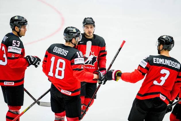 180506 Bo Horvat Pierre Luc Dubois Jean Gabriel Pageau and Joel Edmundson of Canada celebrate during the IIHF Ice Hockey World Championship match between South Korea and Canada on May 6, 2018 in Herning Photo Vegard Wivestad Gray BILDBYR N Code VG 170154  Copyright: VEGARDxWIVESTADxGR¯TT BB180506BB142