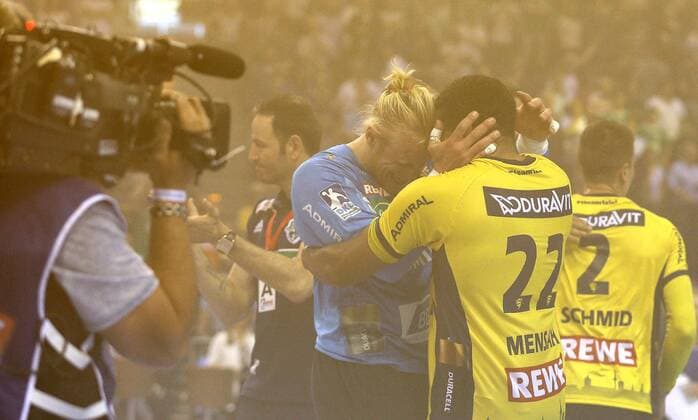 Victory cheers of the Löwen goalkeepers Mikael Appelgren and Mads Mensah Larsen Handball Final Four Tournament in Hamburg on Sun 06 05 2018 Final Rhein Neckar Löwen Burgdorf Hannover 30 26