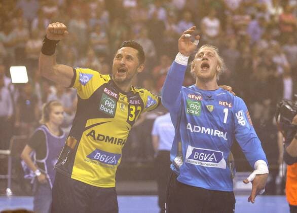 Victory cheers of Löwen goalkeeper Mikael Appelgren and left Alexander Petersson Handball Final Four Tournament in Hamburg on Sun 06 05 2018 Final Rhein Neckar Löwen Burgdorf Hannover 30 26