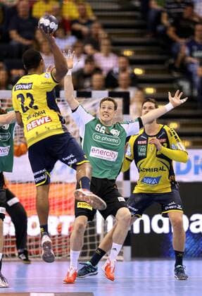 Goal shot Mads Mensah Larsen Löwen against Sören Christophersen Handball Final Four Tournament in Hamburg on Sun 06 05 2018 Final Rhein Neckar Löwen Burgdorf Hannover 30 26