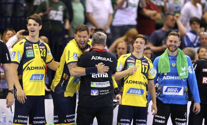 Coach Nicolaj Jacobsen Löwen cheers shortly before the final whistle here with Kristian Bliznac Handball Final Four Tournament in Hamburg on Sun 06 05 2018 Final Rhein Neckar Löwen Burgdorf Hannover 30 26