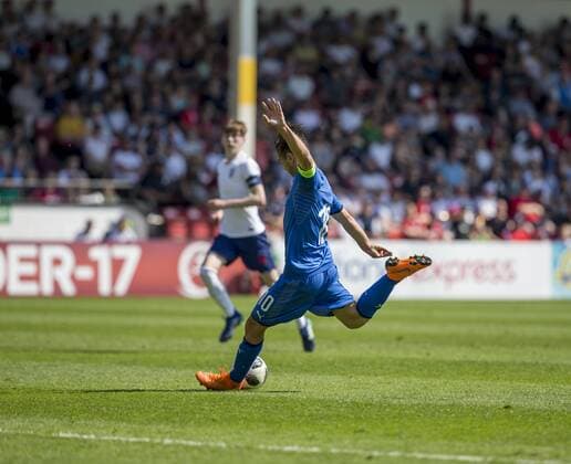7th May, Bankss Stadium, Walsall, England; UEFA Under 17 European Championships, England U17s versus Italy U17s; Alessio Riccardi of Italy shoots and scores in the 13th minute (0-1)  ActionPlus12021737