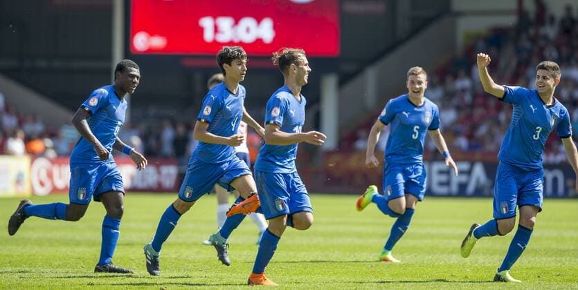 7th May, Bankss Stadium, Walsall, England; UEFA Under 17 European Championships, England U17s versus Italy U17s; Alessio Riccardi of Italy celebrates after scoring in the 13th minute (0-1)  ActionPlus12021739