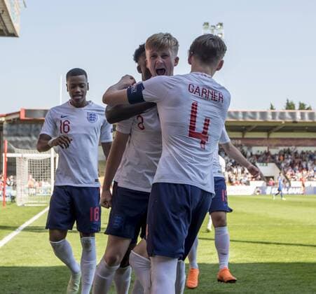 7th May, Bankss Stadium, Walsall, England; UEFA Under 17 European Championships, England U17s versus Italy U17s; Thomas Doyle of England celebrates with his team mates after scoring from the penalty spot to take the lead in the 68th minute (2-1)  ActionPlus12021770