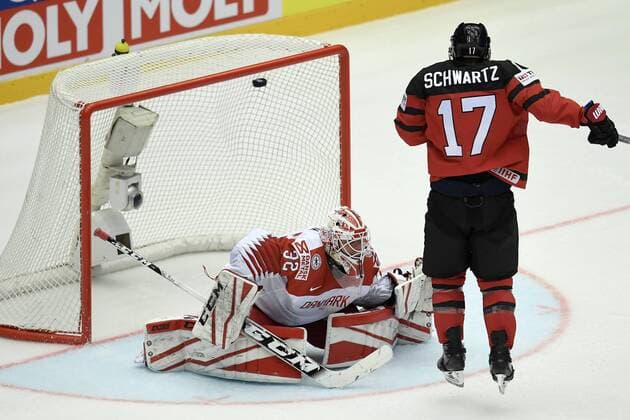 Keeper Sebastian Dahm misses the 2-0 shot from Aaron Ekblad of Canada during IIHF World Championship WM Weltmeisterschaft group B Ice hockey Eishockey match between Canada and Denmark in Jyske Bank Boxen in Herning, Denmark, Monday, May 7, 2018. , Herning Denmark  Copyright: LarsxMoellerx xRitzauxScanpix LarsxMoellerx cop102 spdk20180507-210520-L