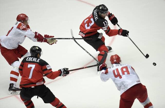 Julian Jakobsen and Nicholas Jensen of Denmark in action against Jordan Eberle and Matt Barzal of Canada during IIHF World Championship WM Weltmeisterschaft group B Ice hockey Eishockey match between Canada and Denmark in Jyske Bank Boxen in Herning, Denmark, Monday, May 7, 2018. , Herning Denmark  Copyright: LarsxMoellerx xRitzauxScanpix LarsxMoellerx cop102 spdk20180507-220624-L