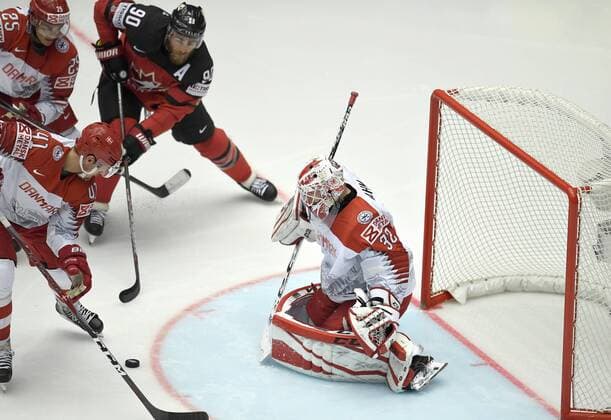 Oliver Lauridsen, Jesper Aabo Jensen and keeper Sebastian Dahm of Denmark in action against Ryan O Reilly of Canada during IIHF World Championship WM Weltmeisterschaft group B Ice hockey Eishockey match between Canada and Denmark in Jyske Bank Boxen in Herning, Denmark, Monday, May 7, 2018. , Herning Denmark  Copyright: LarsxMoellerx xRitzauxScanpix LarsxMoellerx cop102 spdk20180507-221531-L