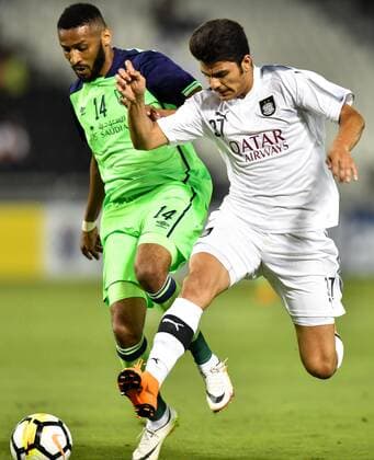 (180508) -- DOHA, May 8, 2018 -- Ahmed Suhail (R) of Al Sadd SC vies with Mohannad Aseri of Al Ahli Saudi during the round of 16 in the AFC Asian Champions League football match at the Jassim Bin Hamad Stadium, in Doha, capital of Qatar, May 7, 2018. Al Sadd SC won 2-1. Nikku) (SP)QATAR-DOHA-SOCCER-AFC CHAMPIONS LEAGUE-AL SADD VS AL AHLI SAUDI yangyuanyong 