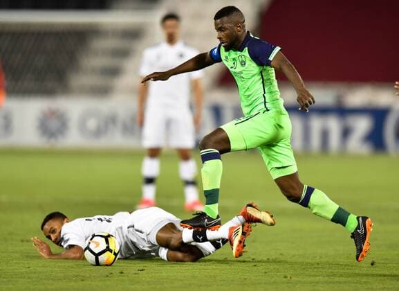 (180508) -- DOHA, May 8, 2018 -- Salem Al Hajri (bottom) of Al Sadd SC vies with Mansour Al-Harbi of Al Ahli Saudi during the round of 16 in the AFC Asian Champions League football match at the Jassim Bin Hamad Stadium, in Doha, capital of Qatar, May 7, 2018. Al Sadd SC won 2-1. ) (SP)QATAR-DOHA-SOCCER-AFC CHAMPIONS LEAGUE-AL SADD VS AL AHLI SAUDI Nikku 