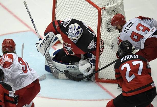 Philip Larsen and Peter Regin of Denmark in action against goalkeeper Curtis McElhinney and Ryan Murray of Canada in front of the canadian goal during IIHF World Championship WM Weltmeisterschaft group B Ice hockey Eishockey match between Canada and Denmark in Jyske Bank Boxen in Herning, Denmark, Monday, May 7, 2018. , Herning Denmark  Copyright: LarsxMoellerx xRitzauxScanpix LarsxMoellerx cop102 spdk20180507-233841-L