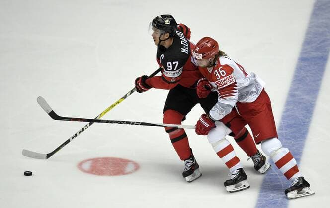 Philip Larsen of Denmark in action against Connor McDavid of Canada during IIHF World Championship WM Weltmeisterschaft group B Ice hockey Eishockey match between Canada and Denmark in Jyske Bank Boxen in Herning, Denmark, Monday, May 7, 2018. , Herning Denmark  Copyright: LarsxMoellerx xRitzauxScanpix LarsxMoellerx cop102 spdk20180507-233946-L