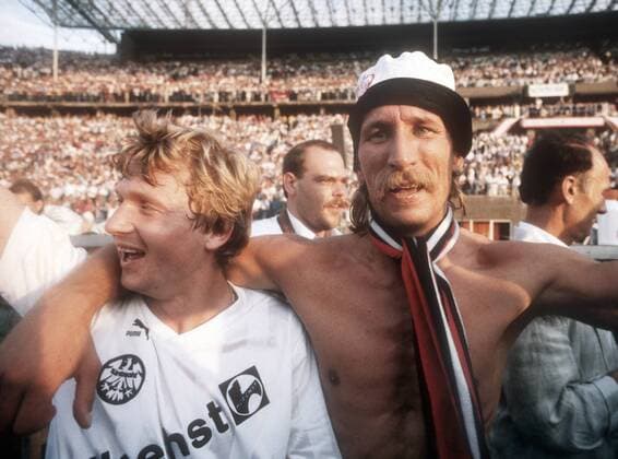 Eintracht Frankfurt VFL Bochum 1 0 on 28 05 1988 in Berlin From the left Lajos Detari and Frank Schulz Frankf are happy about winning the cup HM
