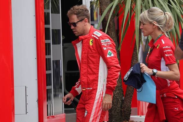 Photo4 LaPresse 10 05 2018 Barcelona, Spain Grand Prix Formula One Spain 2018 In the pic: Sebastian Vettel (GER) Scuderia Ferrari SF71H and Britta Roeske (AUT) Ferrari Press Officer. & xa9; Photo4 LaPresse 10 05 2018 Barcelona, Spain Sport Grand Prix Formula One Spain 2018 In the pic: Sebastian Vettel (GER) Scuderia Ferrari SF71H and Britta Roeske (AUT) Ferrari Press Officer.  Copyright: xphoto4 Lapressex