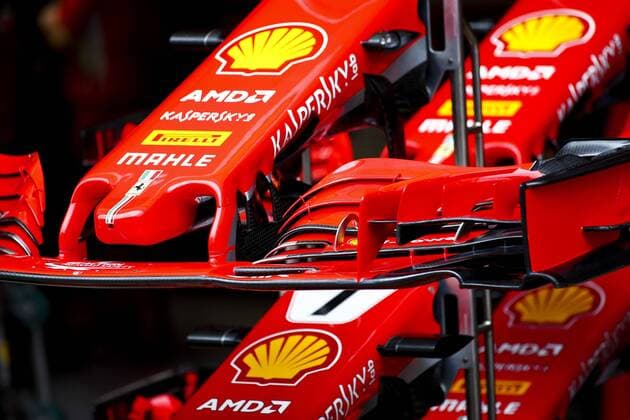 10th May, Circuit de Barcelona, Barcelona, Spain; Spanish Formula One Grand Prix, driver arrivals and press conference PK Pressekonferenz Front nose-wing of the Scuderia Ferrari car on display in the pits during the preview day  ActionPlus12022969