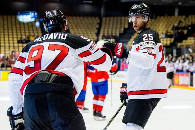 180510 Connor McDavid of Canada celebrates with teammate Darnell Nurse after scoring 0 3 during the IIHF Ice Hockey World Championship match between Norway and Canada on May 10, 2018 in Herning Photo Vegard Wivestad Gray BILDBYR N code VG 170163  Copyright: VEGARDxWIVESTADxGR¯TT BB180510BB595