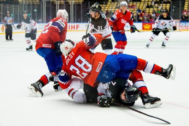 180510 Niklas Roest of Norway and Jordan Eberle of Canada during the IIHF Ice Hockey World Championship match between Norway and Canada on May 10, 2018 in Herning Photo Vegard Wivestad Gray BILDBYR N Code VG 170163  Copyright: VEGARDxWIVESTADxGR¯TT BB180510BB606