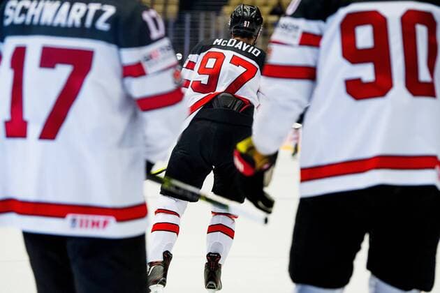 180510 Connor McDavid of Canada celebrates with teammates Jaden Schwartz and Ryan OÕReilly after scoring 0 3 during the IIHF Ice Hockey World Championship match between Norway and Canada on May 10, 2018 in Herning Photo Vegard Wivestad Gray BILDBYR N Code VG 170163  Copyright: VEGARDxWIVESTADxGR¯TT BB180510BB607