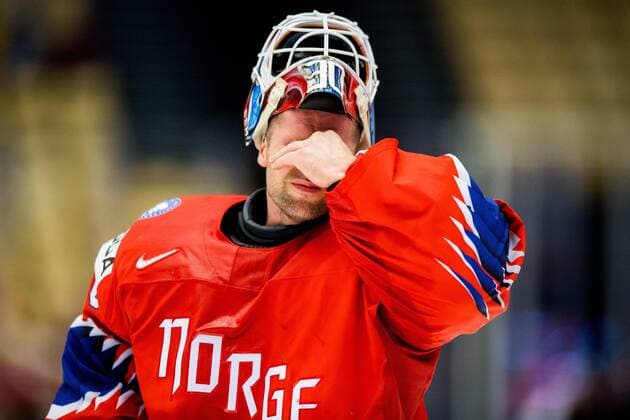 180510 Goaltender Lars Haugen of Norway looks dejected during the IIHF Ice Hockey World Championship match between Norway and Canada on May 10, 2018 in Herning Photo Vegard Wivestad Gray BILDBYR N Code VG 170163  Copyright: VEGARDxWIVESTADxGR¯TT BB180510BB682