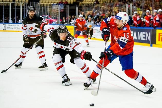 180510 Matt Barzal of Canada and Eirik Salts of Norway during the IIHF Ice Hockey World Championship match between Norway and Canada on May 10, 2018 in Herning Photo Vegard Wivestad Gray BILDBYR N code VG 170163  Copyright: VEGARDxWIVESTADxGR¯TT BB180510BB695