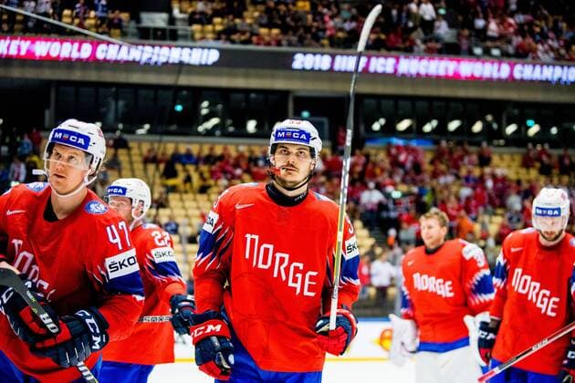 180510 Alexander Bonsaksen and Thomas Valkv¾ Olsen of Norway look dejected after the second period during the IIHF Ice Hockey World Championship match between Norway and Canada on May 10, 2018 in Herning Photo Vegard Wivestad Gray BILDBYR N code VG 170163  Copyright: VEGARDxWIVESTADxGR¯TT BB180510BB697
