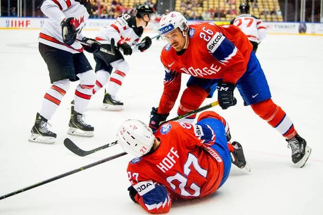180510 Ludvig Hoff and Kristian Forsberg of Norway during the IIHF Ice Hockey World Championship match between Norway and Canada on May 10, 2018 in Herning Photo Vegard Wivestad Gray BILDBYR N Code VG 170163  Copyright: VEGARDxWIVESTADxGR¯TT BB180510BB698