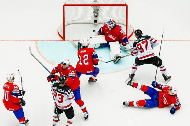 180510 Connor McDavid of Canada scores the 3 0 goal behind goaltender Lars Haugen of Norway during the IIHF Ice Hockey World Championship match between Norway and Canada on May 10, 2018 in Herning Photo Vegard Wivestad Gray BILDBYR N Code VG 170163  Copyright: VEGARDxWIVESTADxGR¯TT BB180510BB870