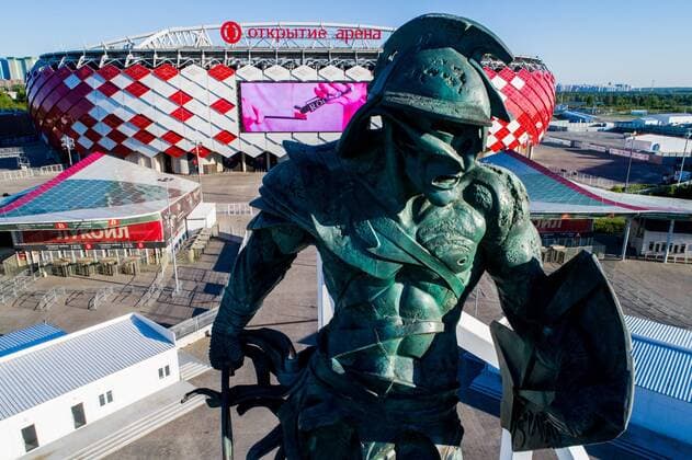 MOSCOW, RUSSIA - MAY 10, 2018: A gladiator statue outside Spartak Stadium, a venue for 2018 FIFA World Cup WM Weltmeisterschaft Fussball matches. Sergei Bobylev TASS  TS07F106