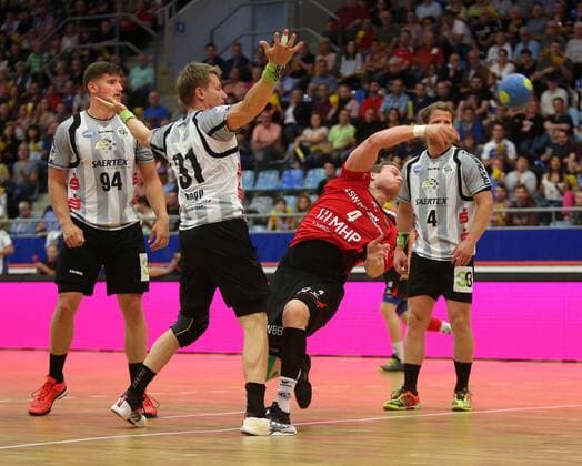 BAU 11 05 2018 Bietigheim Handball SG BBM Bietigheim vs TV Emsdetten by Georg Pöhle Emsdetten Andre Kropp Emsdetten Patrick Rentschler BBM Merten Krings Emsdetten