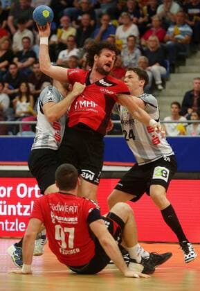 BAU 11 05 2018 Bietigheim Handball SG BBM Bietigheim vs TV Emsdetten v Yannick Dräger Emsdetten Robin Haller BBM Sven Wesseling Emsdetten